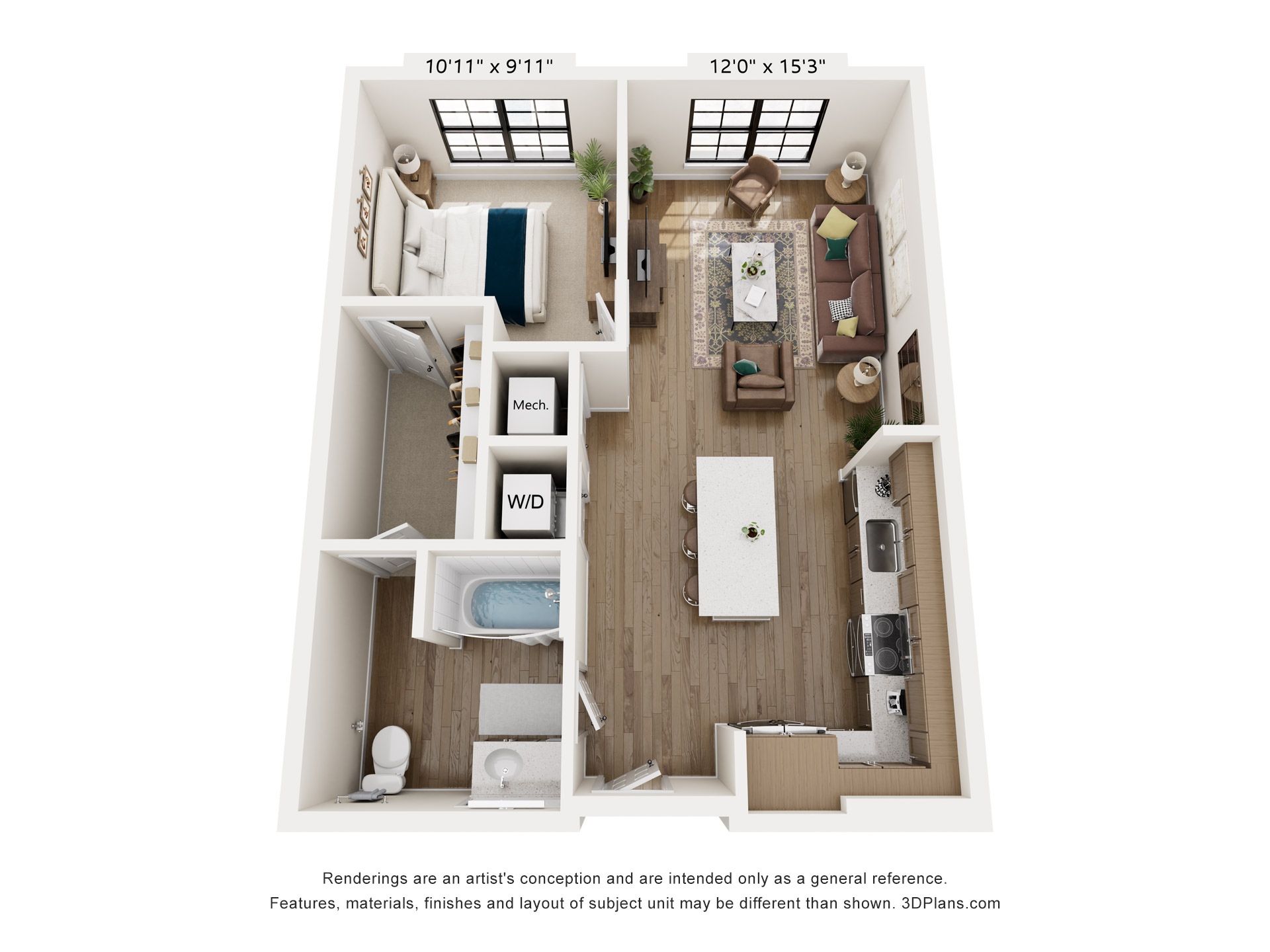 Floor plan for 1 bed, 1 bath, 720 sqft